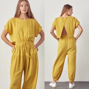 &Merci Yellow Brushed Cotton Balloon Leg Open Back Jumpsuit Size Medium Bohemian